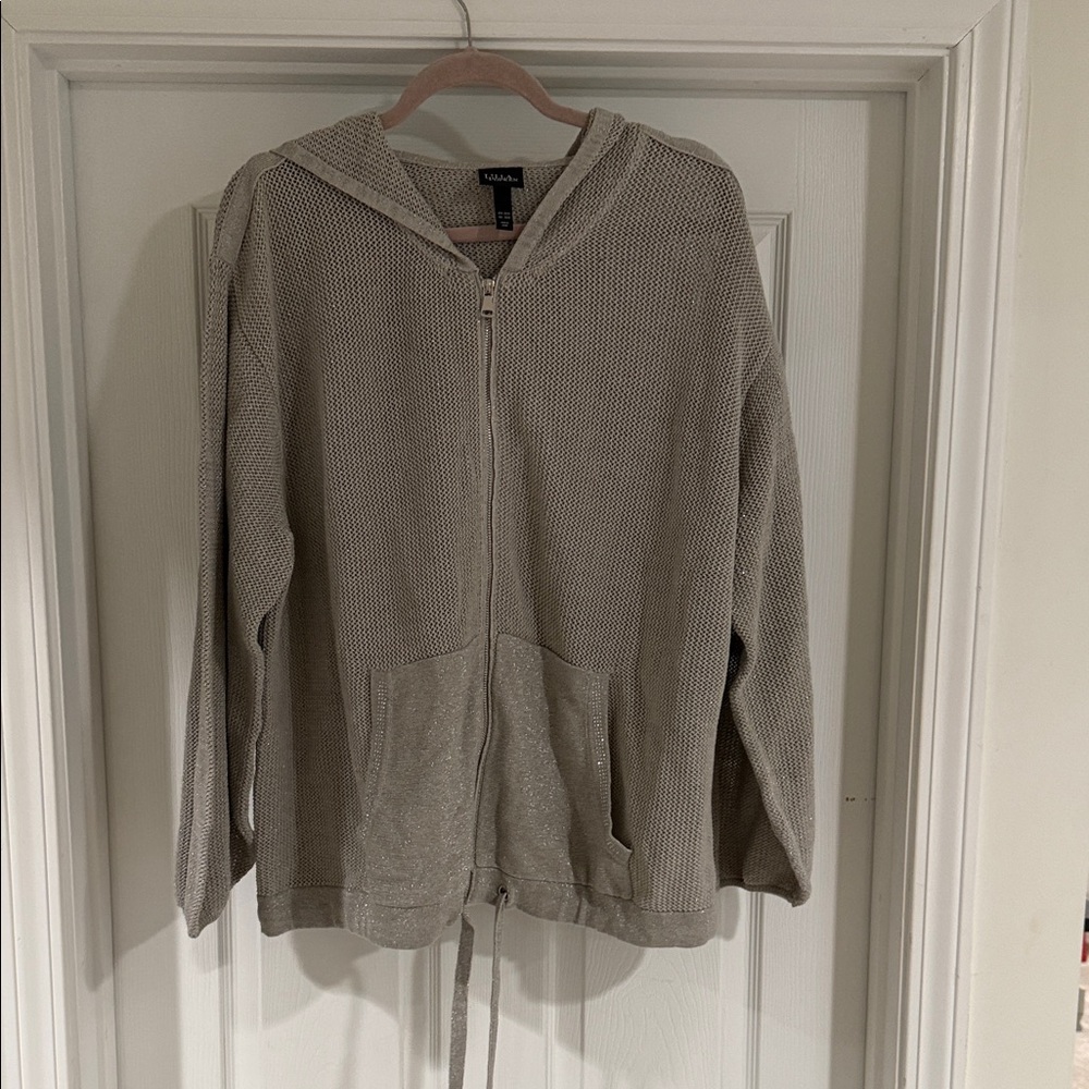 ULLA POPKEN sparkle zip up sweatshirt with tie at bottom